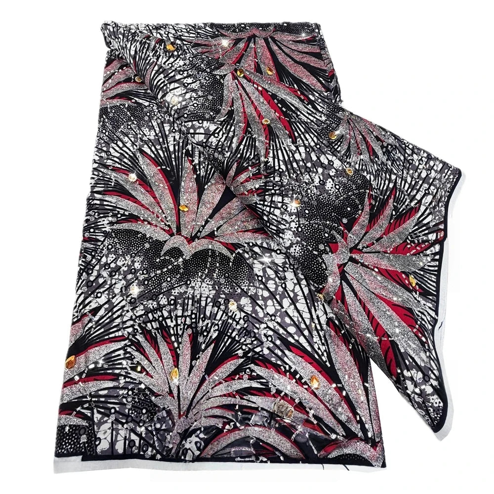 Midnight Red Palm Stoned Wax Print – Heavyweight Poplin with Stones, 6 Yards