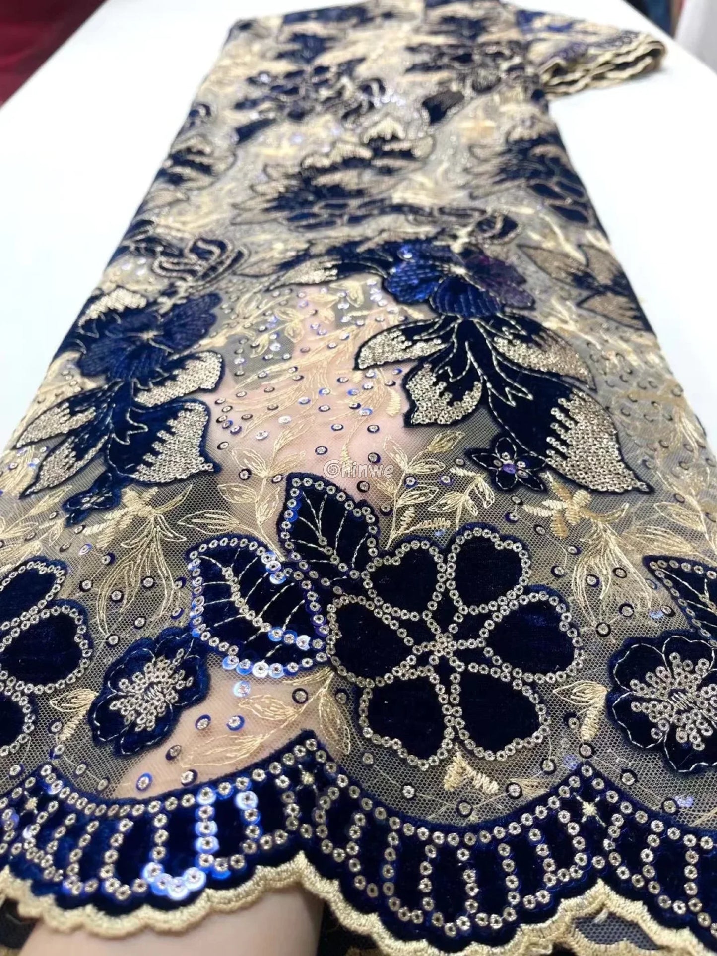 Velvet Lace with Floral Embroidery Sequin Highlights & Scalloped Edge on Sheer Mesh Base Midnight Blue & Gold / 5 yards