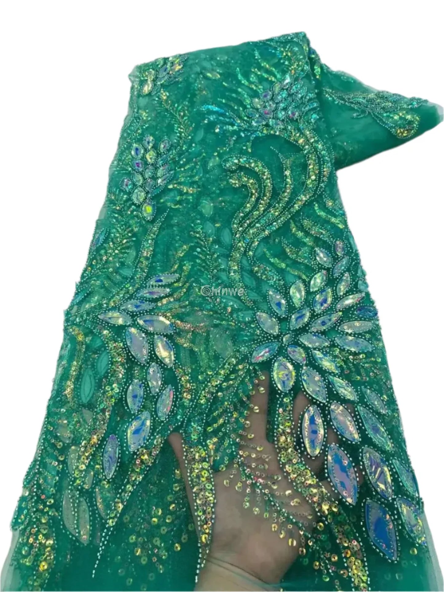 Beaded Scroll Motif Mesh Lace with Gemstone Appliqués & Sequin Embellishment Deep Teal / 5 Yards / 120cm Lace