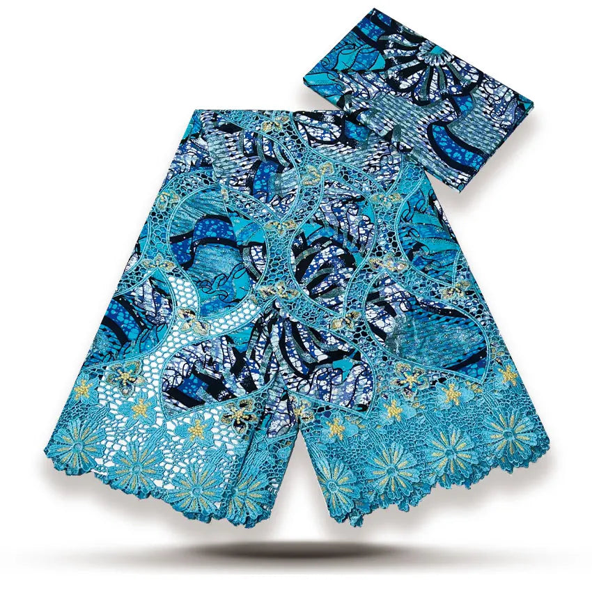 Ocean Blue Gold Embroidered Cord Lace Wax – 3+3 Yard Matching Set
