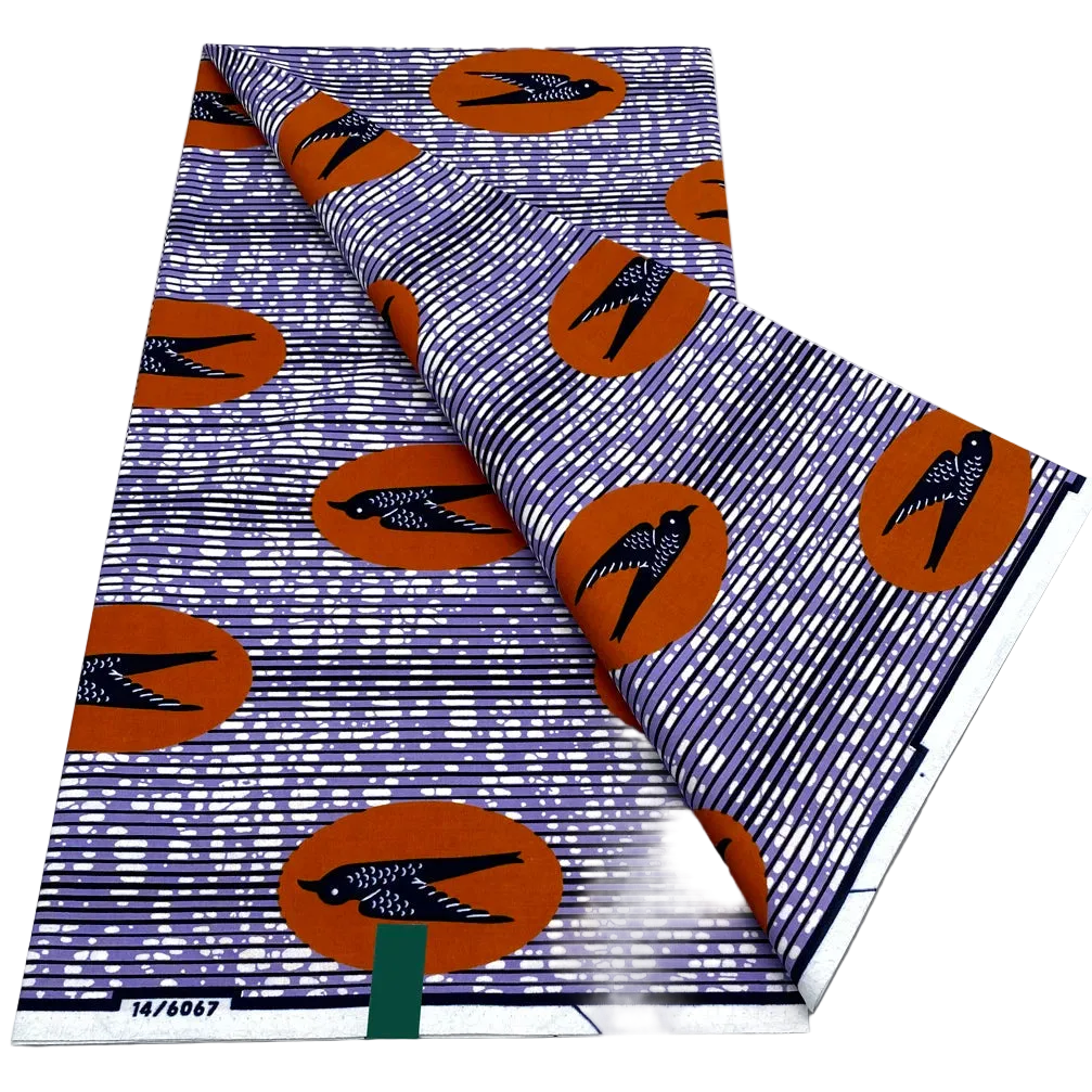 Swallow Bird Ankara Wax Print Fabric with orange circles on lilac stripes, 6 yards