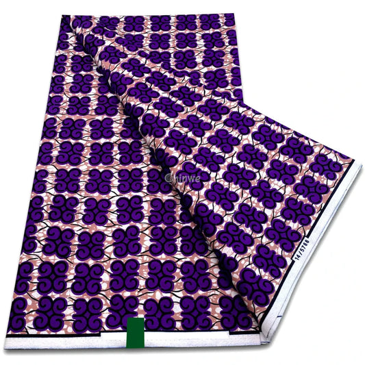 Purple Spiral Swirl Pattern in Grid Layout on Soft Peach Background – Ankara Fabric Purple Swirl Grid / 6 yards African