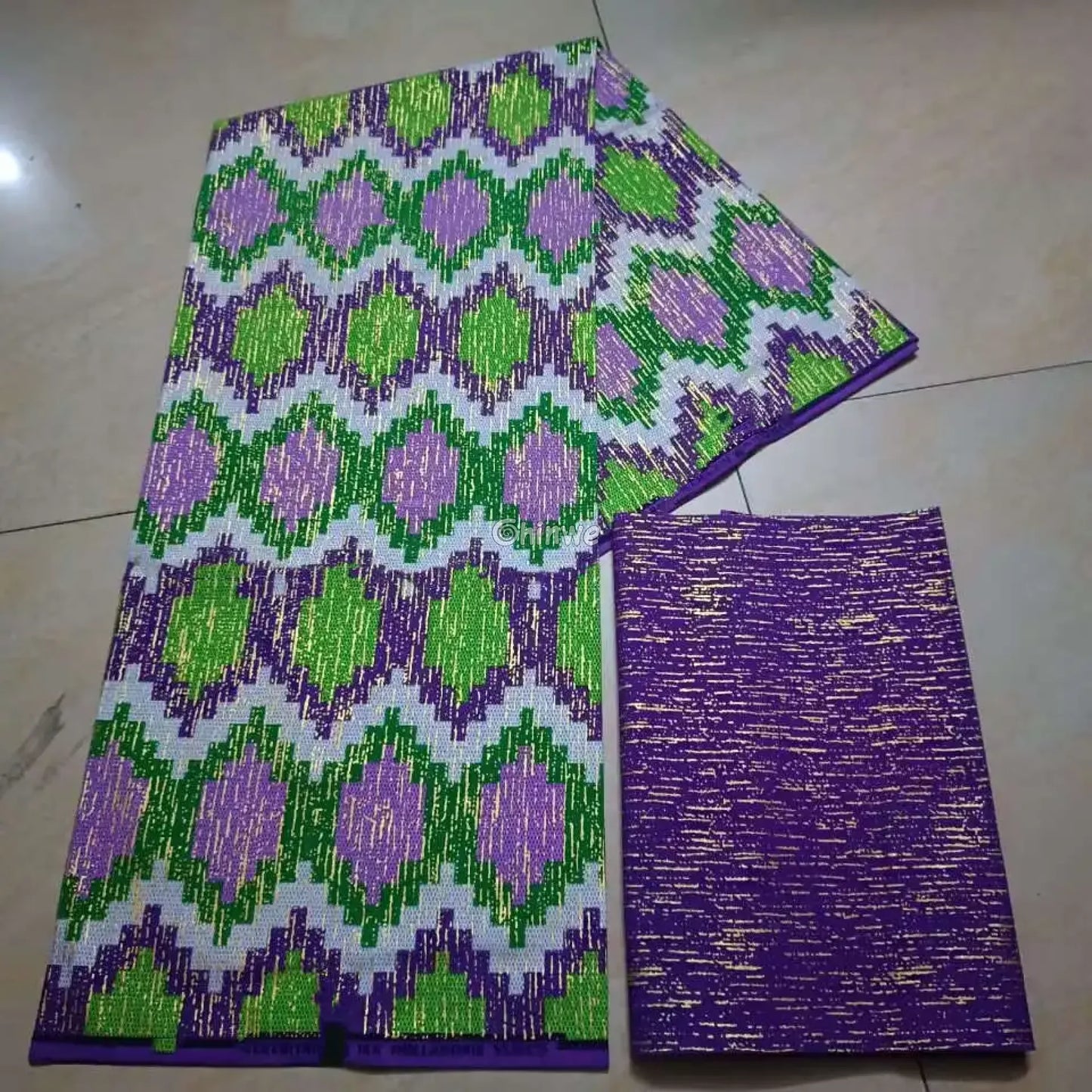 Green Lilac & Purple Kente Brocade with Diamond Trellis Motif and Metallic Gold Accents Royal Garden Kente / 6yards Lace
