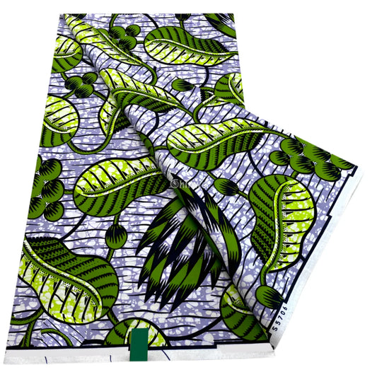 Chartreuse Leafy Vines on Lilac Micro-Dot Batik with Winding Stems and Abstract Bud Clusters Citrus Vine Bloom / 6