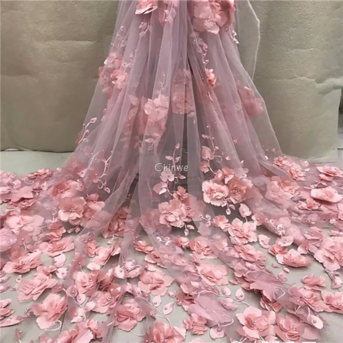 vory Blush Pink Peach & Scarlet Red 3D Floral Appliqué Mesh Lace with Beaded Embroidery