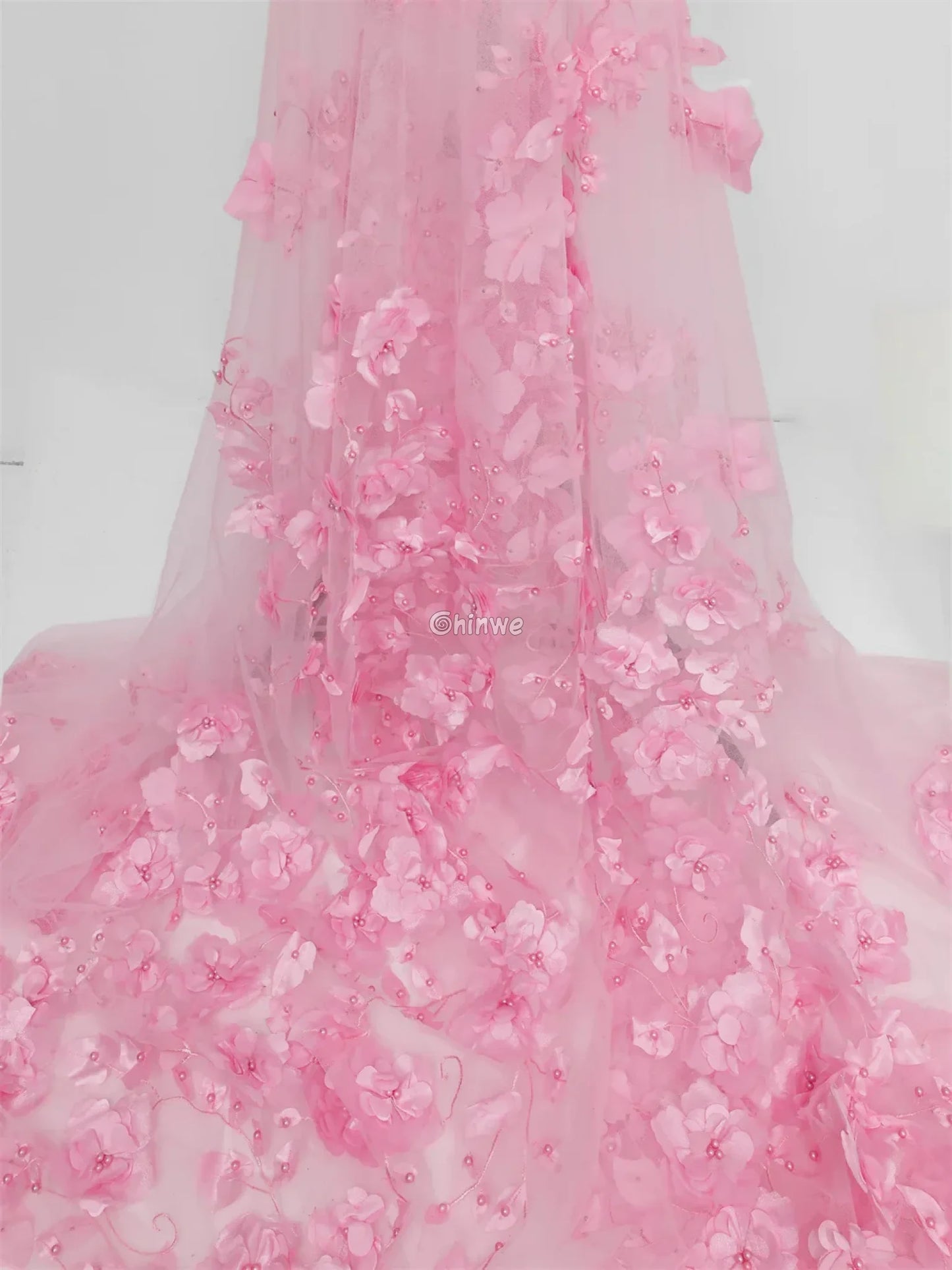 vory Blush Pink Peach & Scarlet Red 3D Floral Appliqué Mesh Lace with Beaded Embroidery