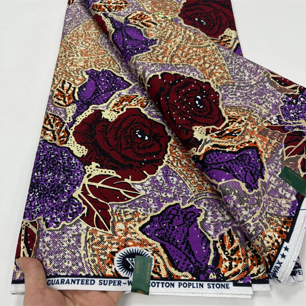 Plum Rose Bouquet Stoned Wax Fabric – Lilac & Gold, Grand Super Wax with Rhinestones, 6 Yards