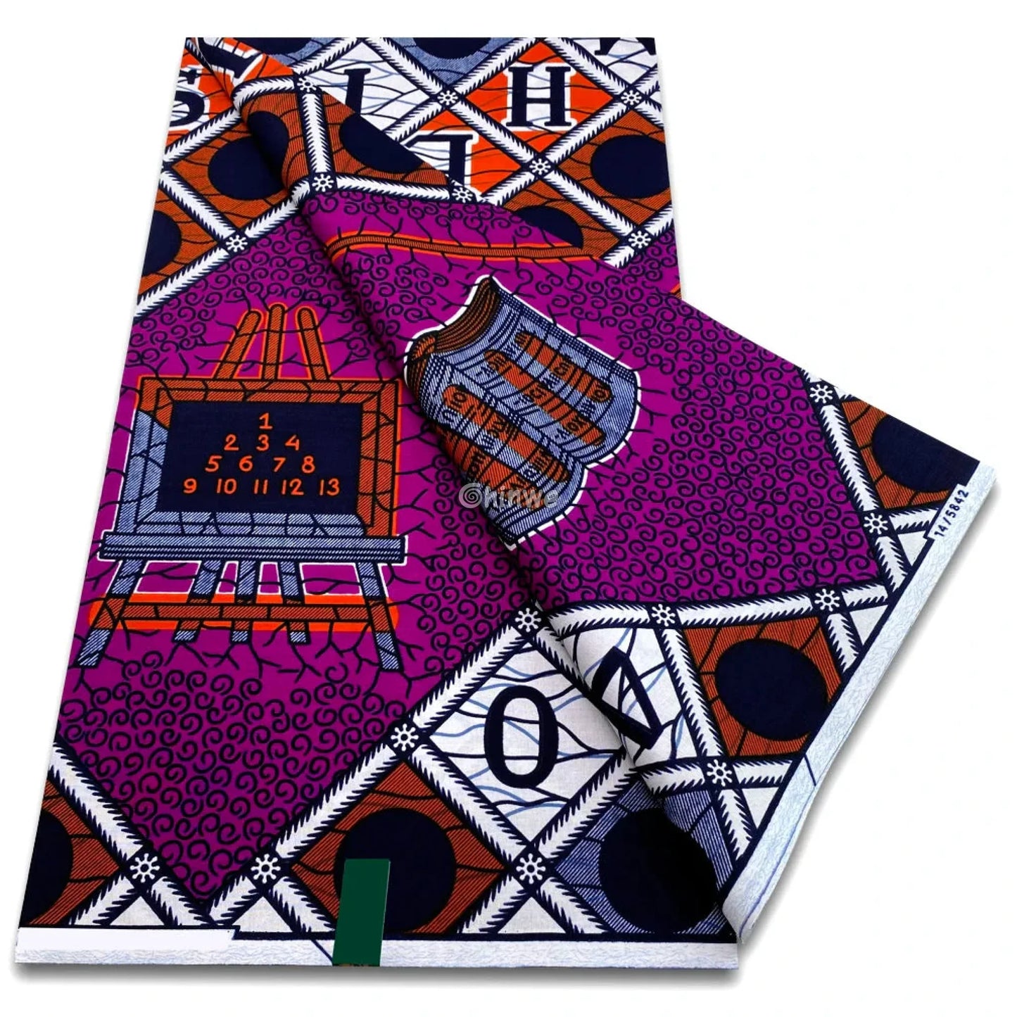 Wax print with alphabet lattice chalkboard grid and stacked book emblems in bold academic theme Purple Navy Academic