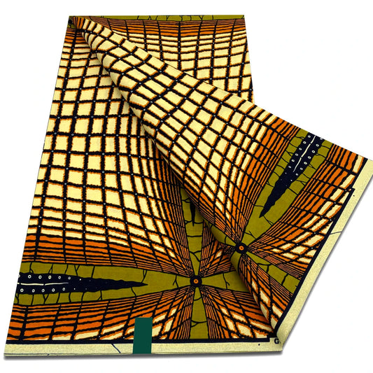 Cream Ankara wax print fabric with brown and rust grid and starburst pattern