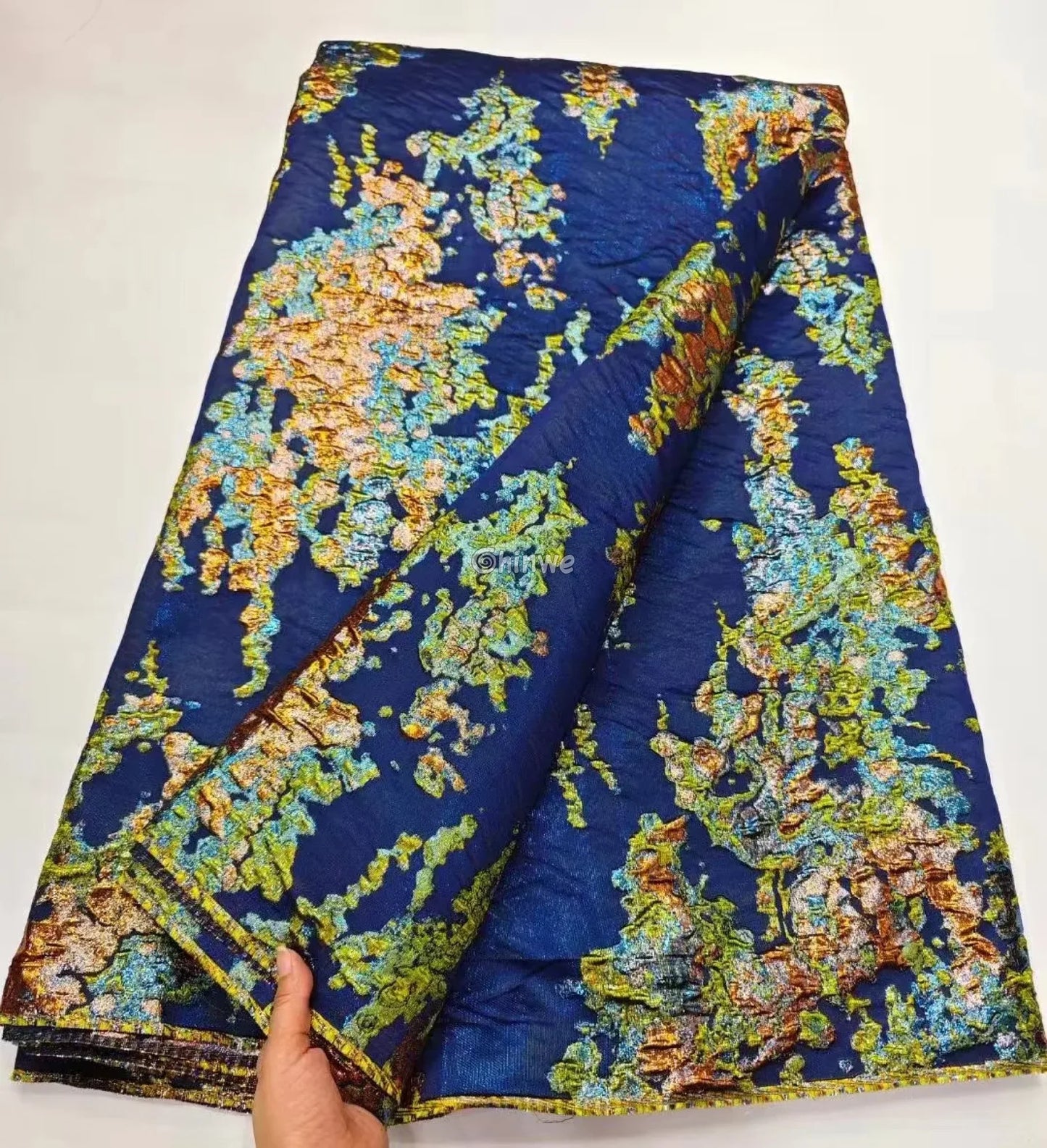 Luxurious Jacquard Brocade with Iridescent Foil Accents & Abstract Marbling Motif Sapphire Navy Base with Lime & Copper