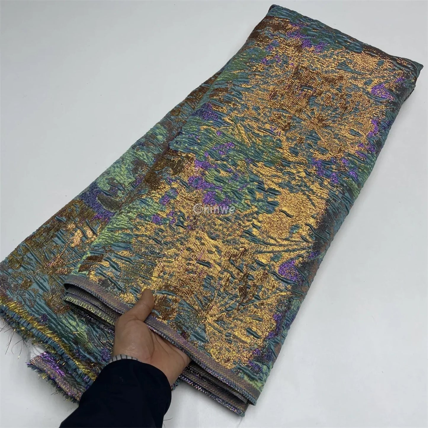 Salouva Premium Jacquard Brocade Lace with Metallic Gold Embroidery & Tulle Base Forest Green & Rose Gold / 5 yards
