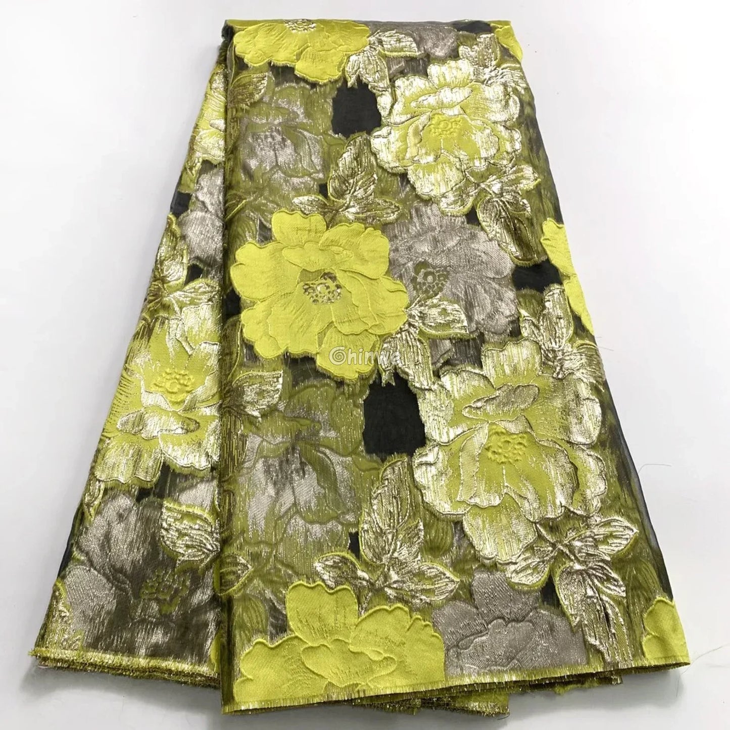 Jacquard Brocade Floral Lace Fabric with Metallic Embroidery and Sheer Mesh Backing Overlay Bright yellow-green floral