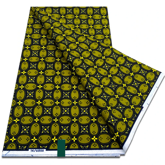 Black Ankara wax print fabric with olive green geometric tile medallions