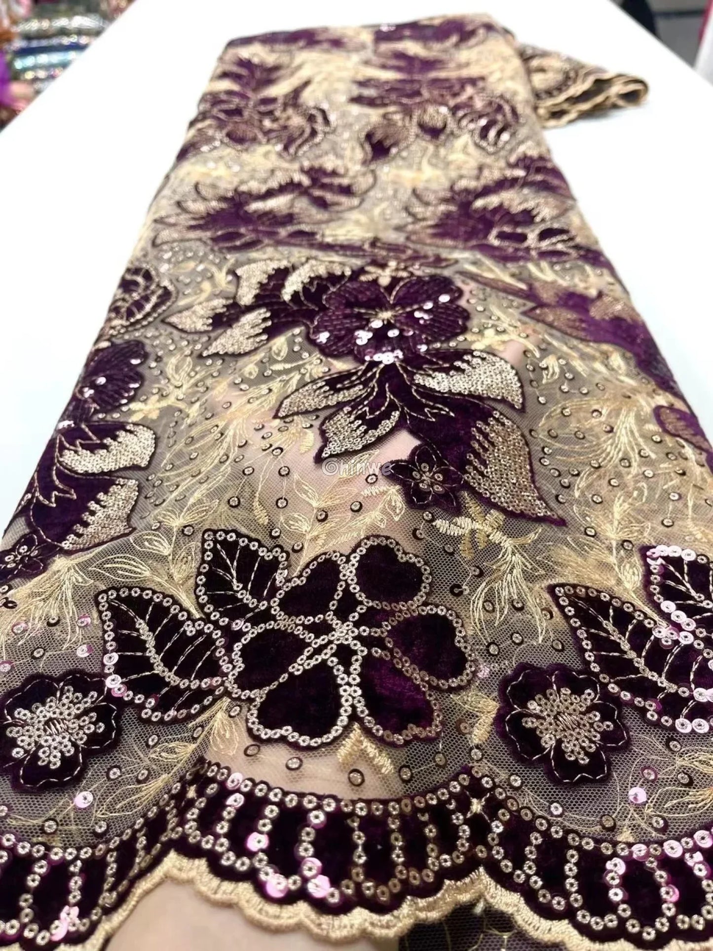 Velvet Lace with Floral Embroidery Sequin Highlights & Scalloped Edge on Sheer Mesh Base Wine Purple & Gold / 5 yards