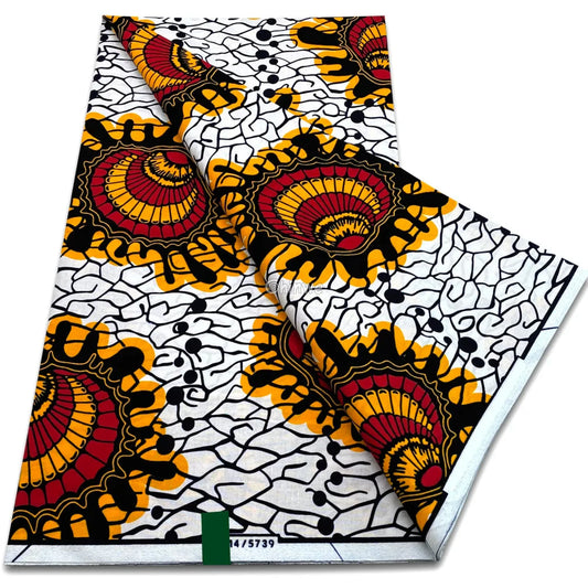 Cracked white wax print with radiant red and gold fanburst medallions and black vine tracery Red Gold Radiant Fanburst