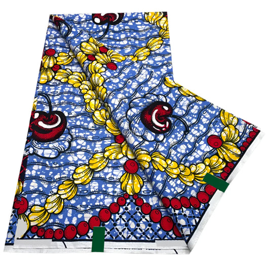 Cherry Garland & Ruffled Bloom Motif on Ocean Blue Batik with Red Beads and Yellow Petal Accents Cherry Bloom and