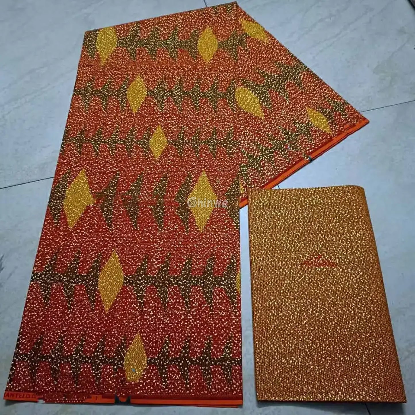 Orange Gold & Green Kente Brocade with Diamond Flame Motif and Dense Metallic Dot Texture Burnt Orange / 6yards African