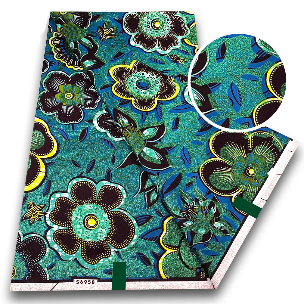 Teal Garden Ankara Flash Gold Wax Print Fabric – Big Blooms on Deep Teal, 6 Yards