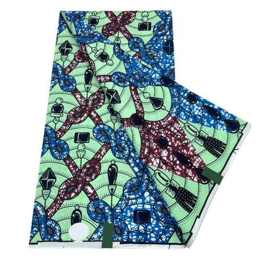 Tassel and Pendant Chain Motif on Mint Green Grid with Indigo and Maroon Highlights and Dotted Arcs Mint with Indigo &