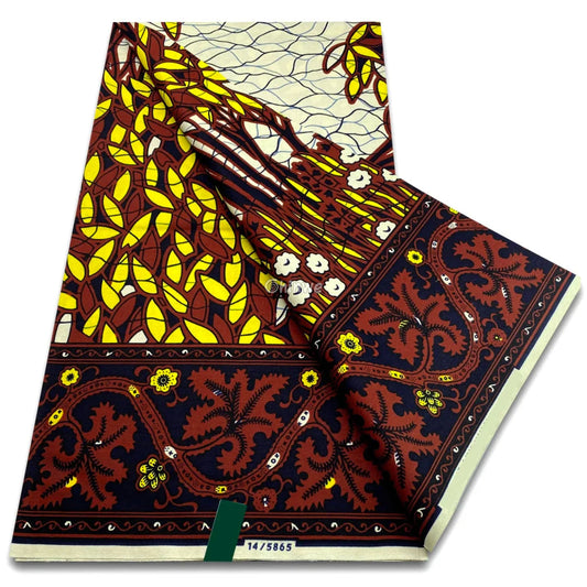 Maroon yellow and cream wax print with floral border panels and climbing vine leaf motif Yellow Cream Botanical Panel