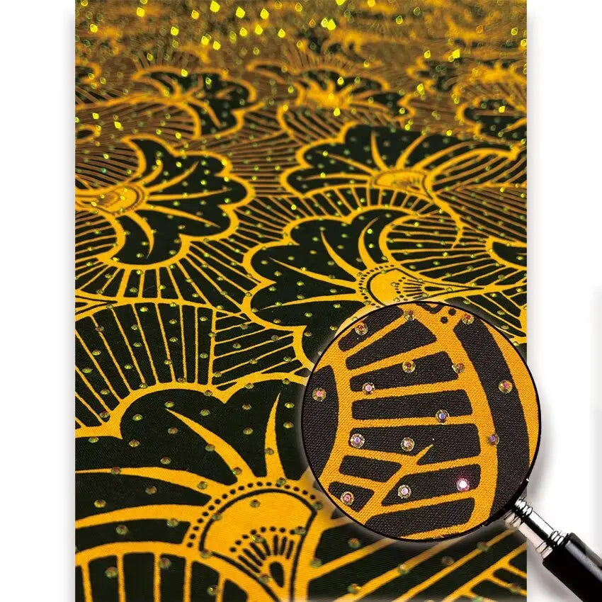 Gold and Black Bloom Stoned Wax Print – Sparkle Stones, Real Wax, 6 Yards