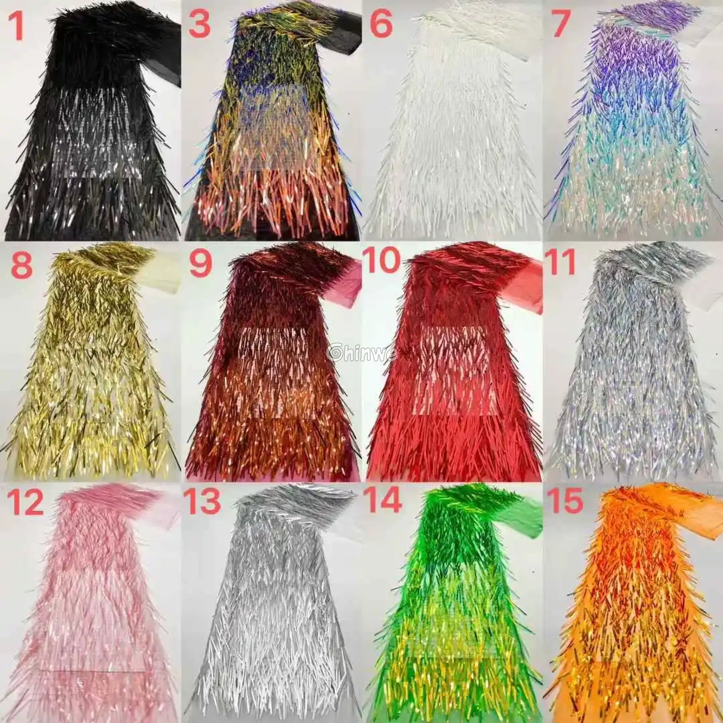 Iridescent Sequin Tinsel Fringe Fabric with Layered Shimmer Strips and Sheer Mesh Base Lace