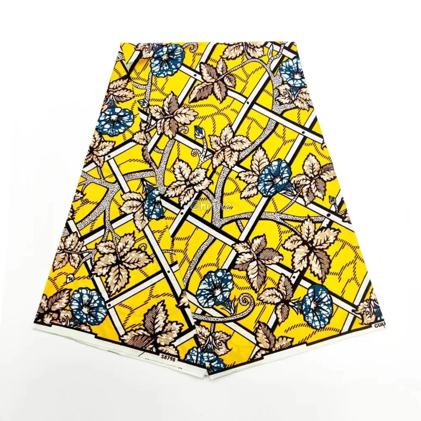 Interlaced Lattice & Morning Glory Motif Ankara Wax Print on Sunny Yellow Base with Blue Accents Golden Vine Lattice
