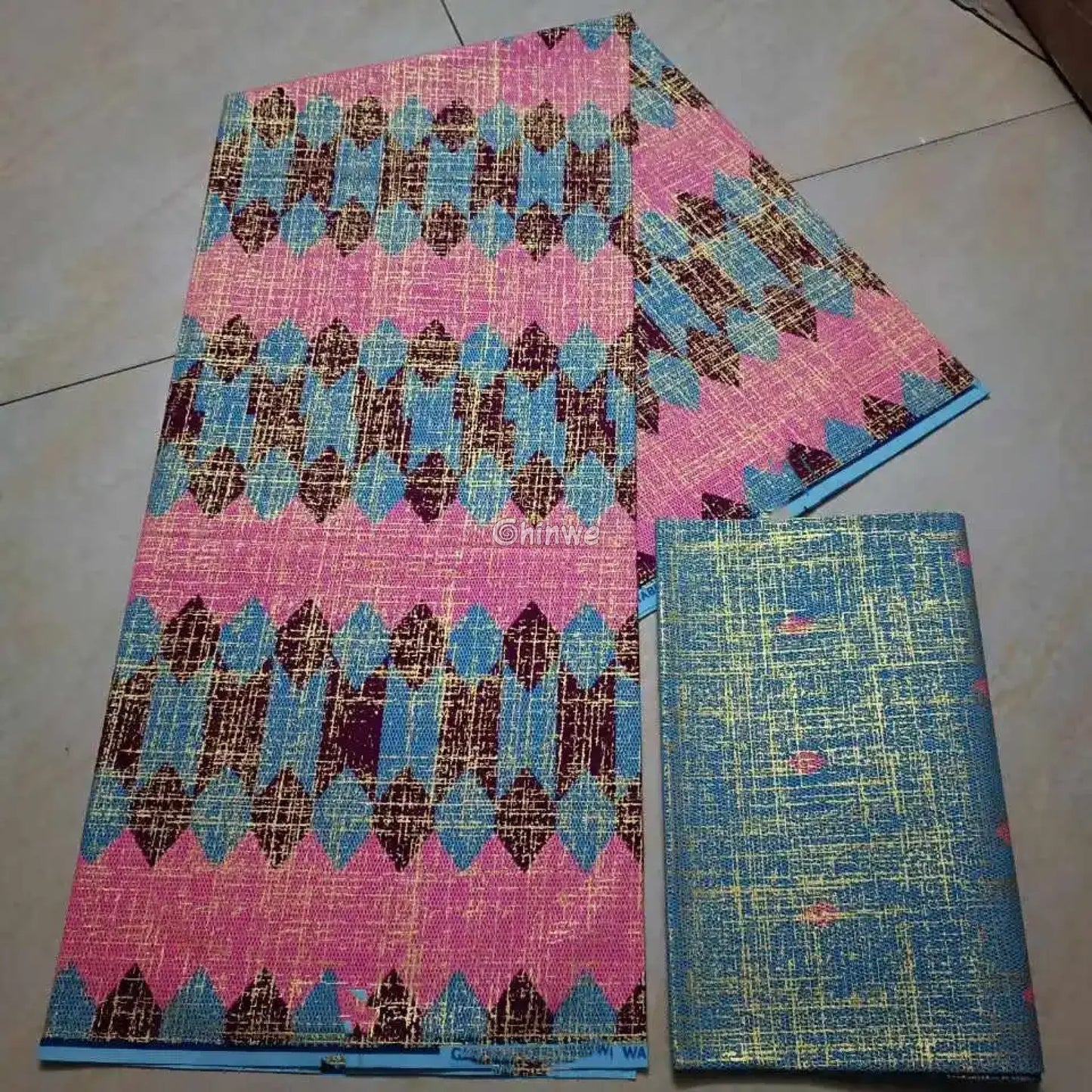 Pink Blue & Brown Kente Brocade with Geometric Stripe Motif and Subtle Metallic Detailing Blush Sky Kente / 6yards