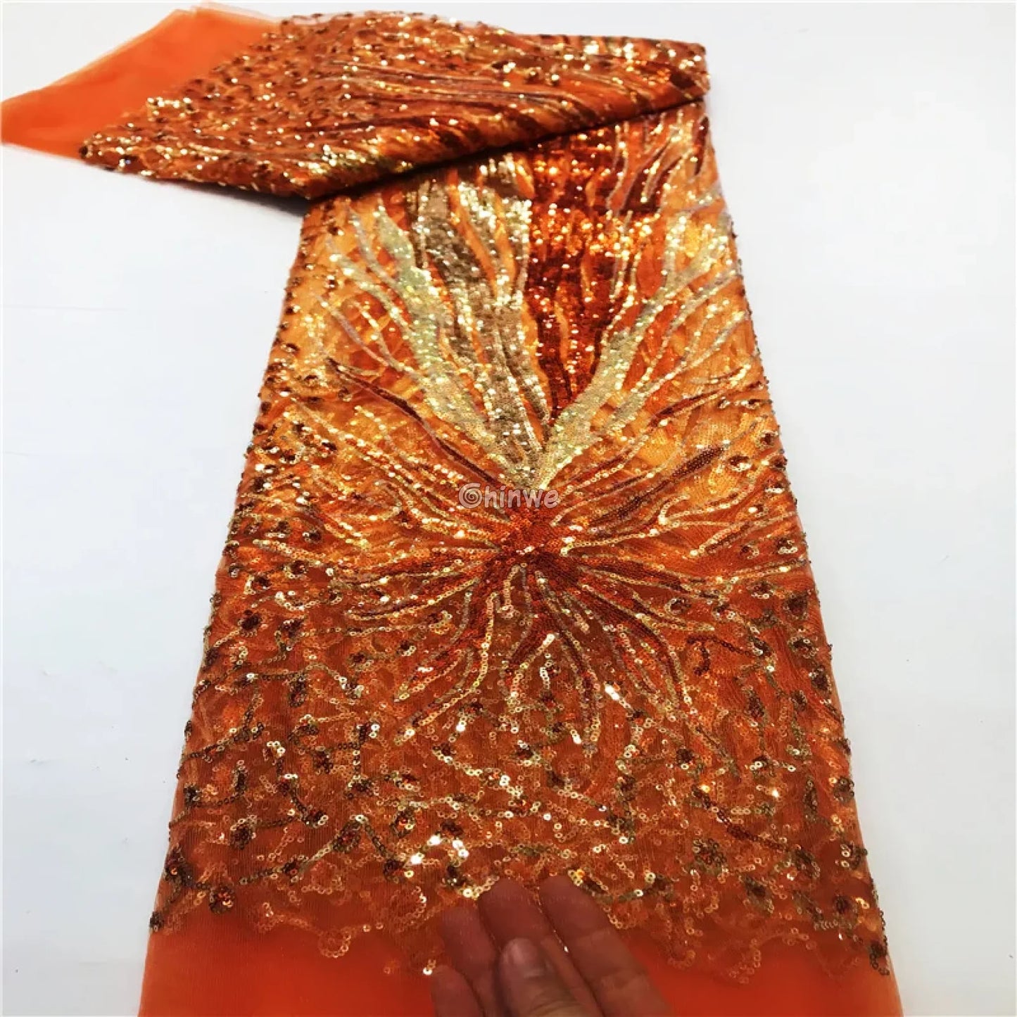 Sequined Burst Embroidered Net Lace with Radiant Flame Motif on Tulle Mesh Sunset Burst / 5 Yards Lace