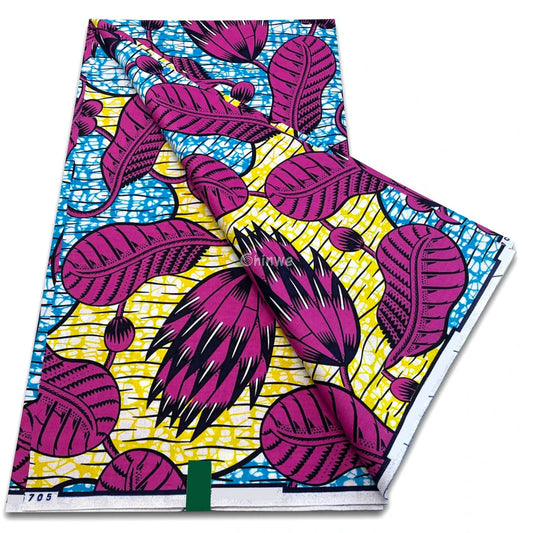 Magenta Leaf Pod Motif with Yellow Lattice Ground and Sky Blue Gridlines in Bold Repeat Layout Magenta Leaf Pods on