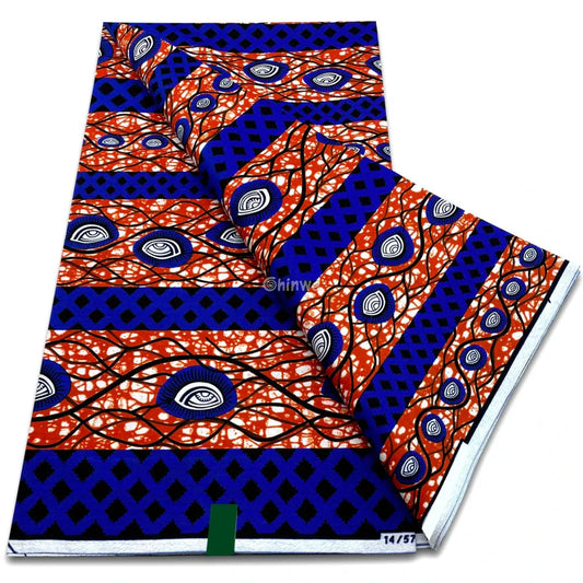 Royal indigo and coral orange wax print with eye swirl motif and diamond grid bands Royal Indigo & Coral Eye Swirl / 6