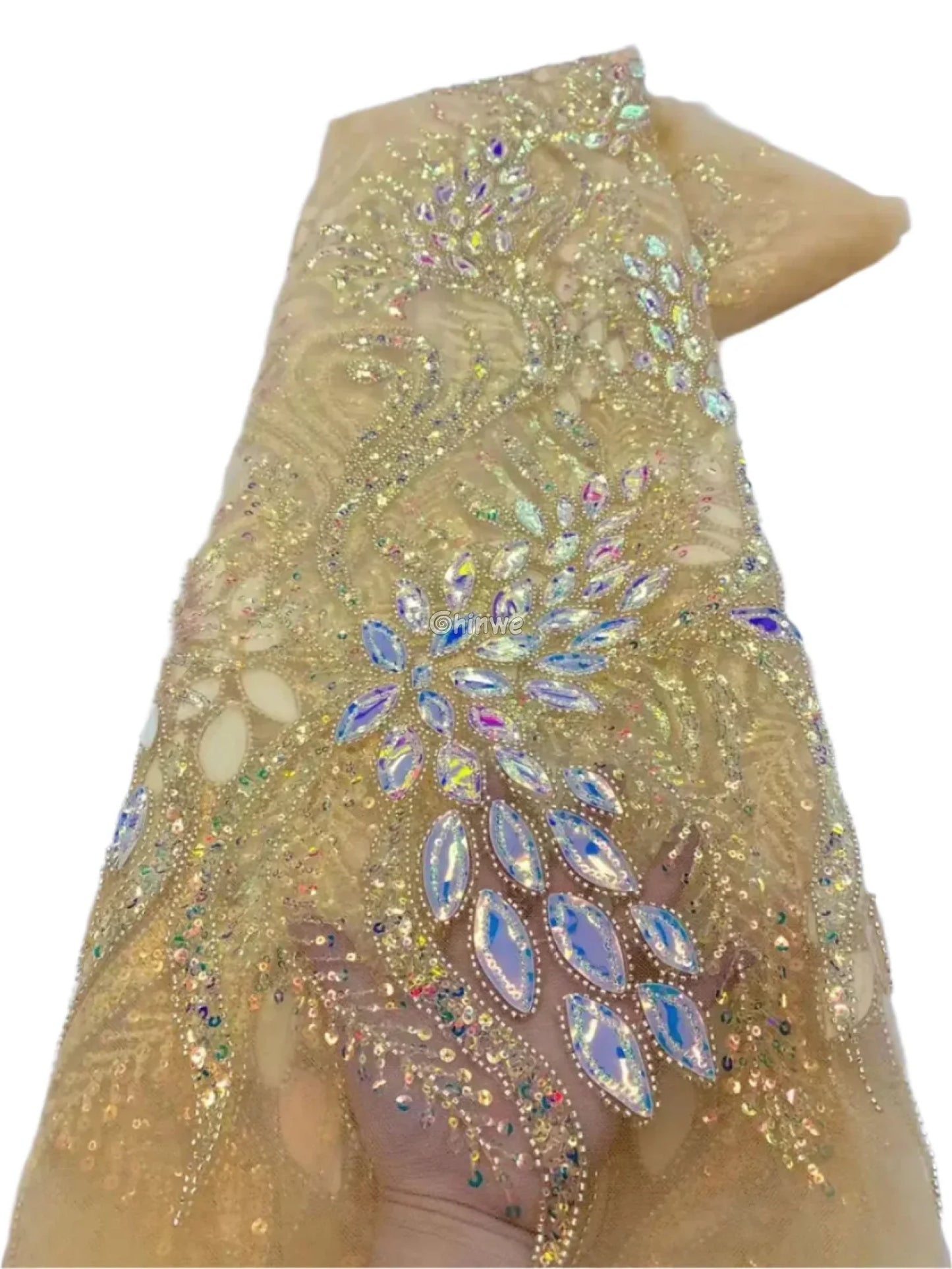 Beaded Scroll Motif Mesh Lace with Gemstone Appliqués & Sequin Embellishment Champagne Beige / 5 Yards / 120cm Lace