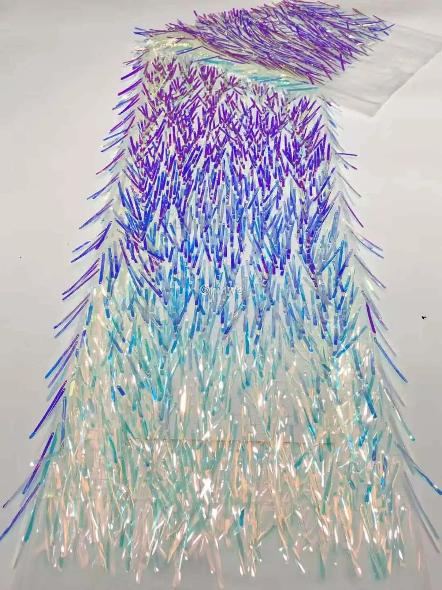 Iridescent Sequin Tinsel Fringe Fabric with Layered Shimmer Strips and Sheer Mesh Base Violet Ice Ombre Fringe / 120cm
