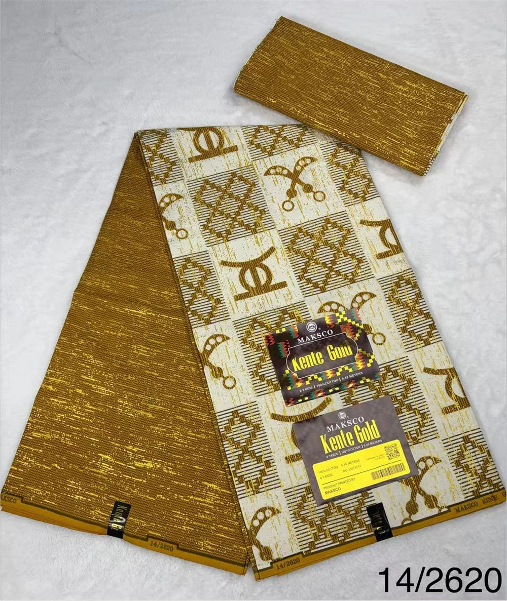 Gold and Cream Symbol Check Kente-Style Print Fabric, 6 Yards