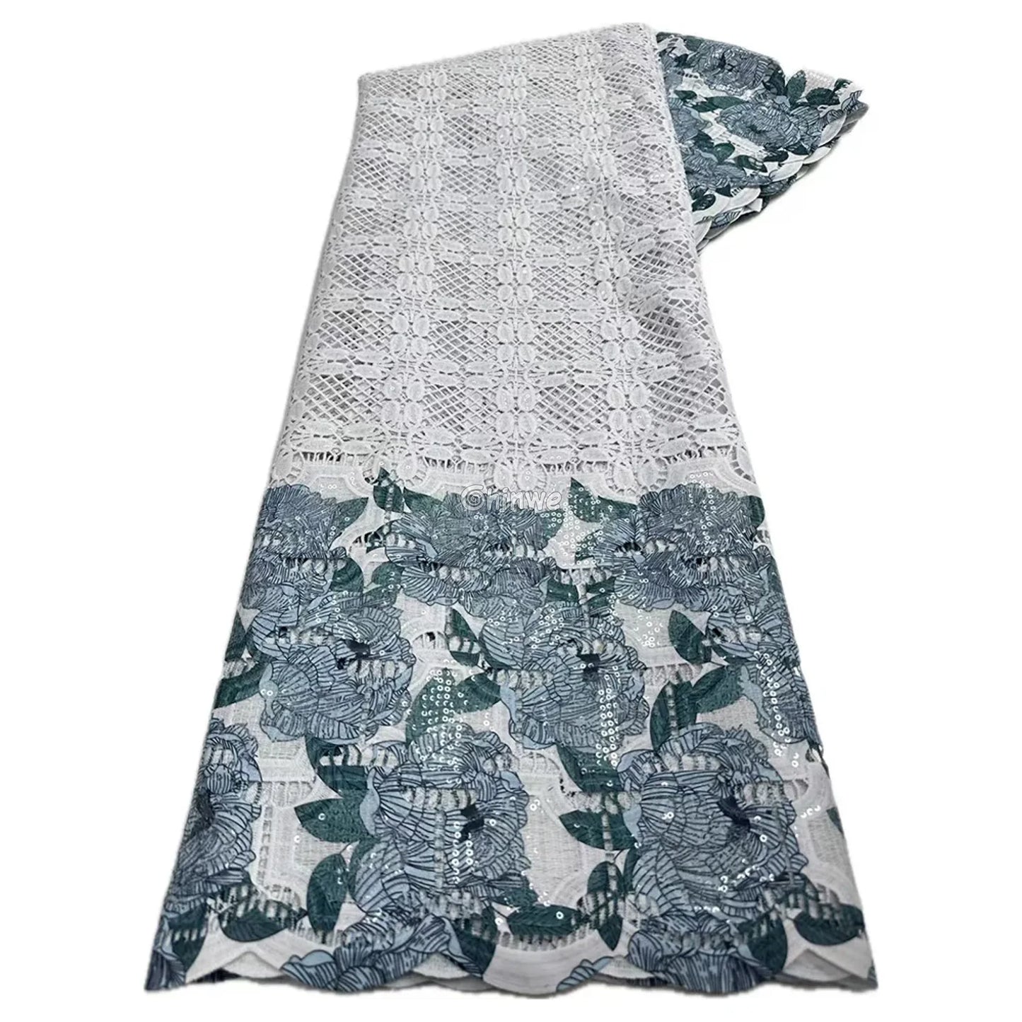 Sequin-Embroidered Mesh Lace with Geometric Grid Overlay & Scalloped Floral Border Fabric Smoky Teal Floral / 5 Yards
