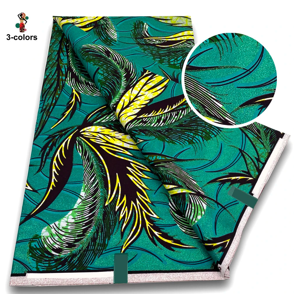 Feather Plume Flash Gold Wax Fabric – Emerald Green or Sky Blue, Grand Super Glitter, 6 Yards