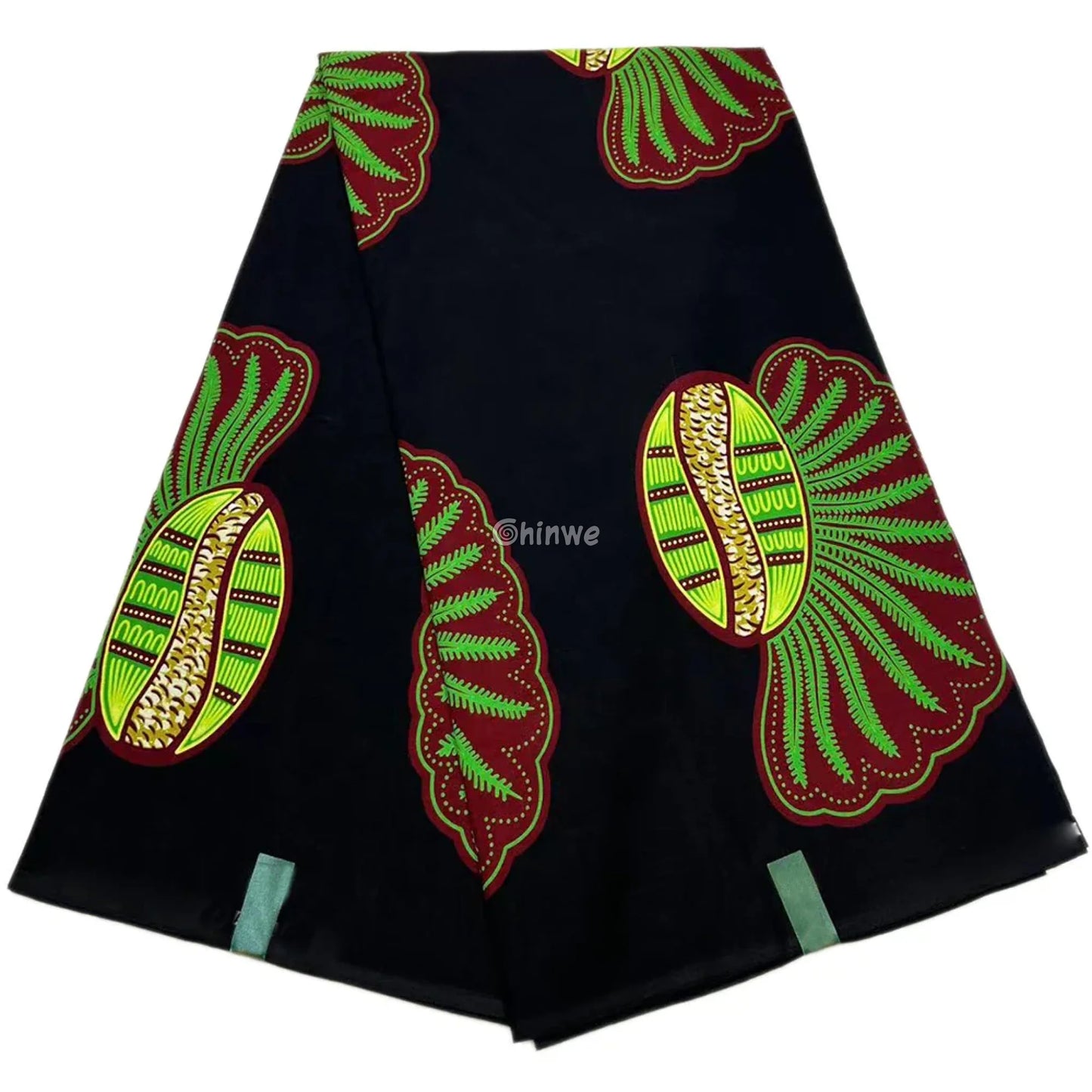 Tropical Seed Pod Design Fabric – Green and Red Motif on Black Ankara Wax Print 6 Yards African Wax Print Fabric