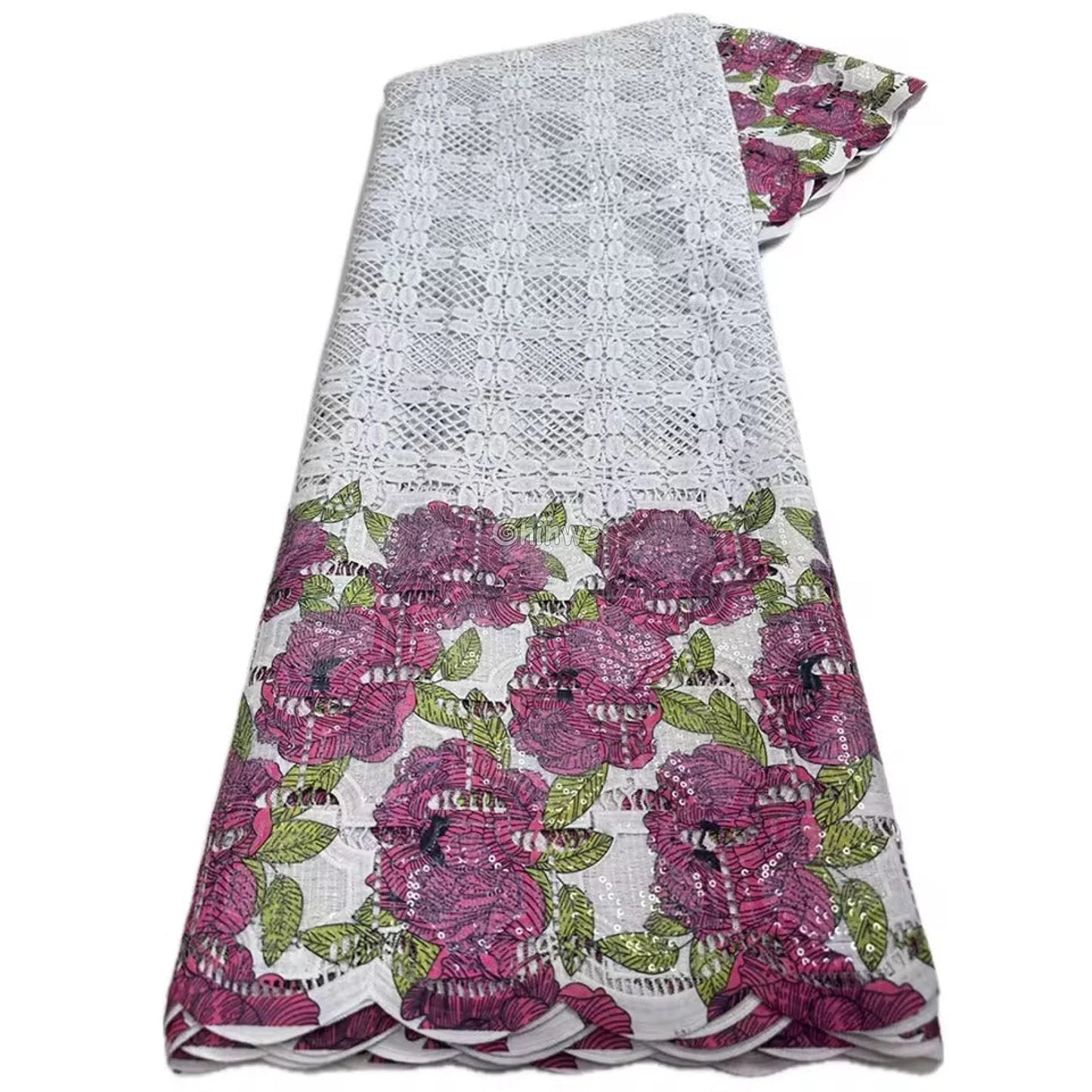 Sequin-Embroidered Mesh Lace with Geometric Grid Overlay & Scalloped Floral Border Fabric Fuchsia Pink Floralx / 5