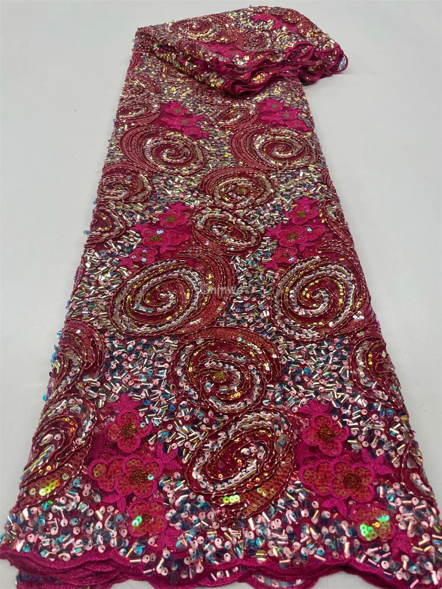 Sequined Spiral Paisley Lace with Beaded Floral Detailing on Sheer Mesh Base Deep rose with metallic pink swirl