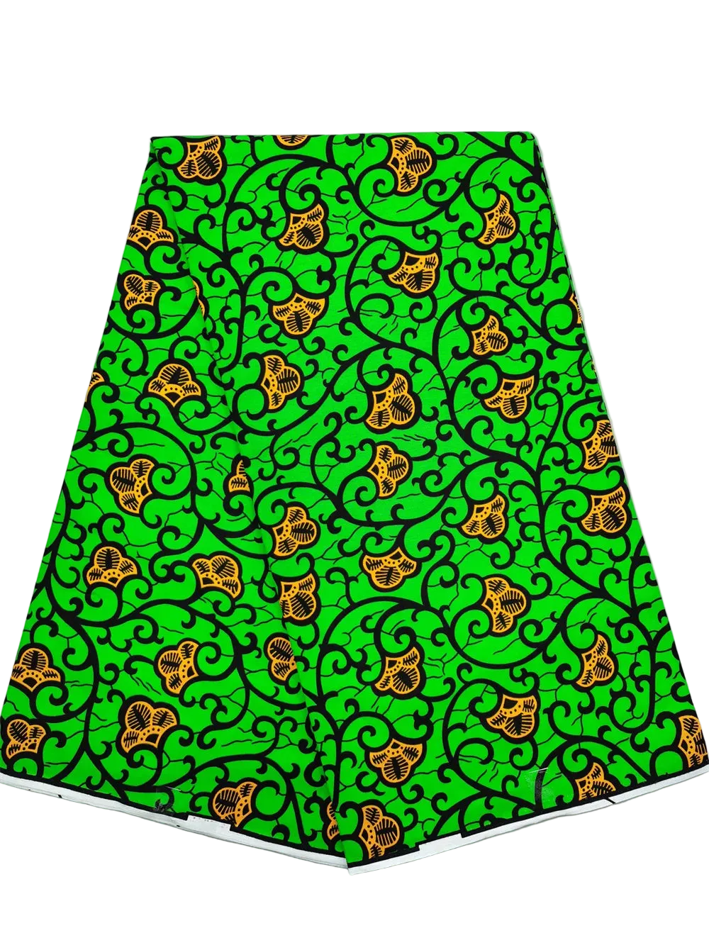 Lime green Ankara real wax print with orange blossoms and black vines, 100% cotton, 6 yards
