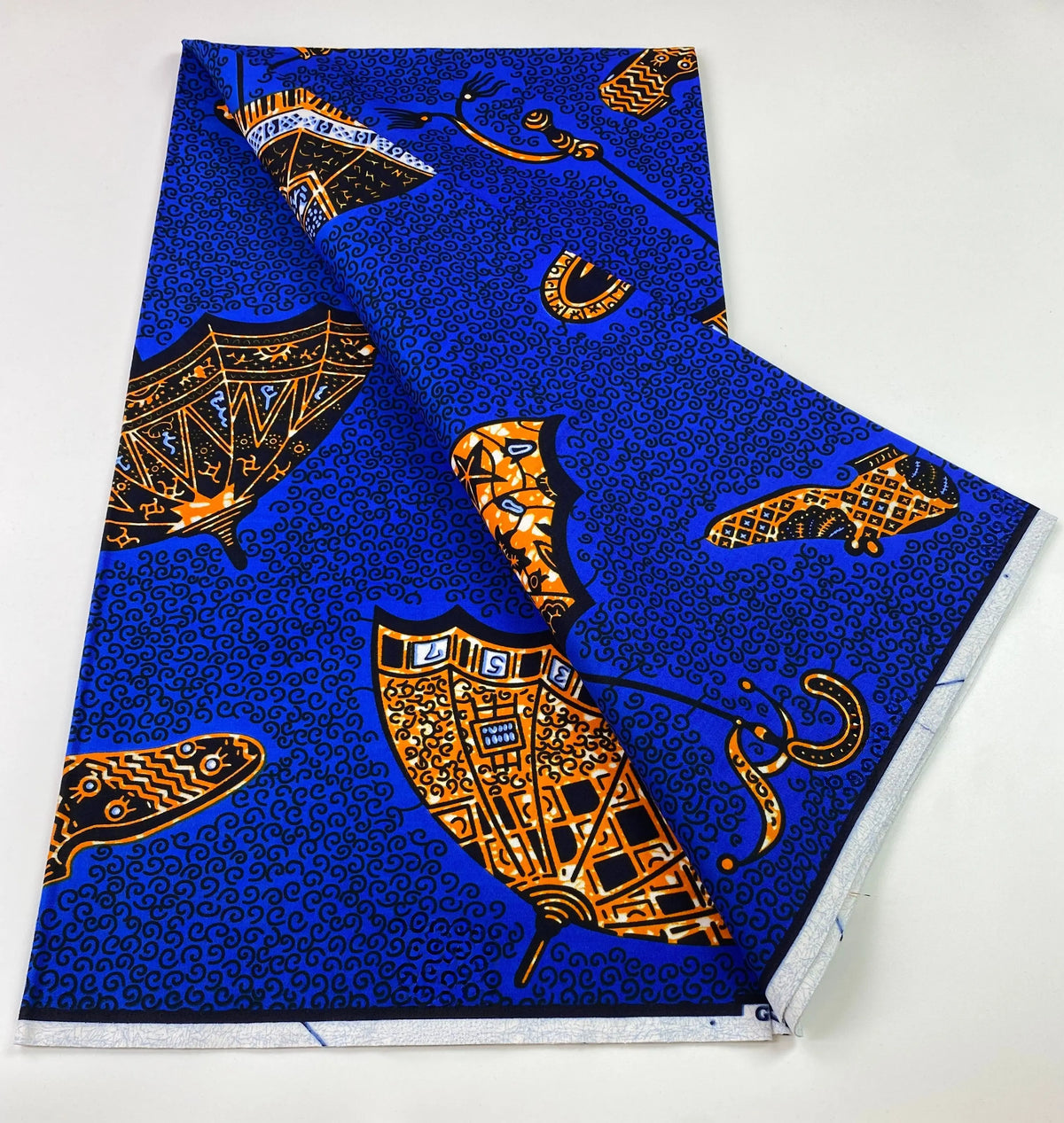 Umbrella & Fan Ankara Real Wax Print – Forest Green or Royal Blue, Gold Motifs, 100% Cotton, 6 Yards