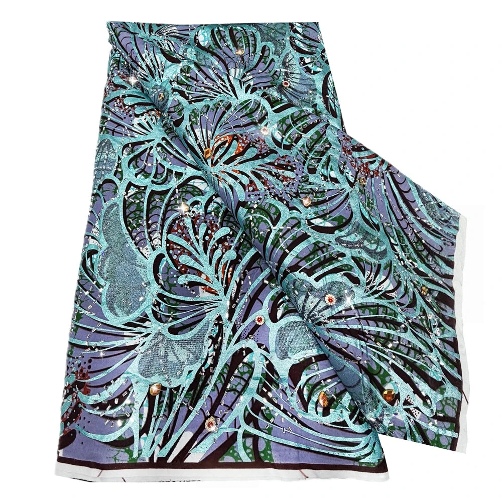 Aqua & Lilac Frond Stoned Wax Print – Heavyweight Poplin with Stones, 6 Yards