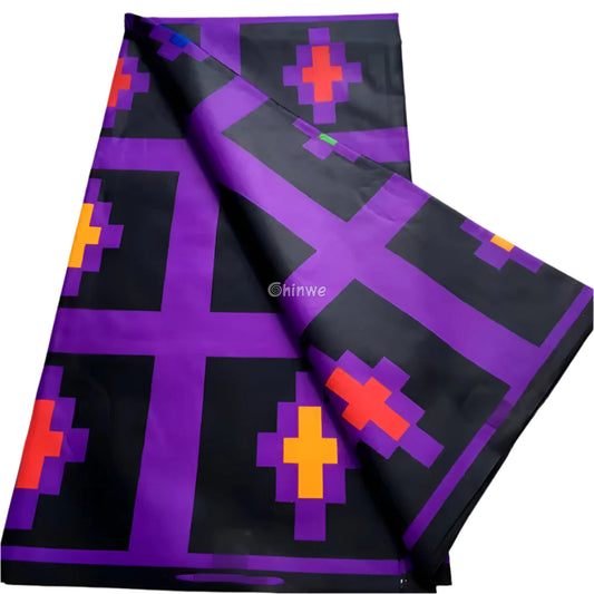 Vibrant Pixel Mosaic Fabric – Purple and Black Ankara Wax Print with Multicolor Geometric Motifs 6 Yards African Wax