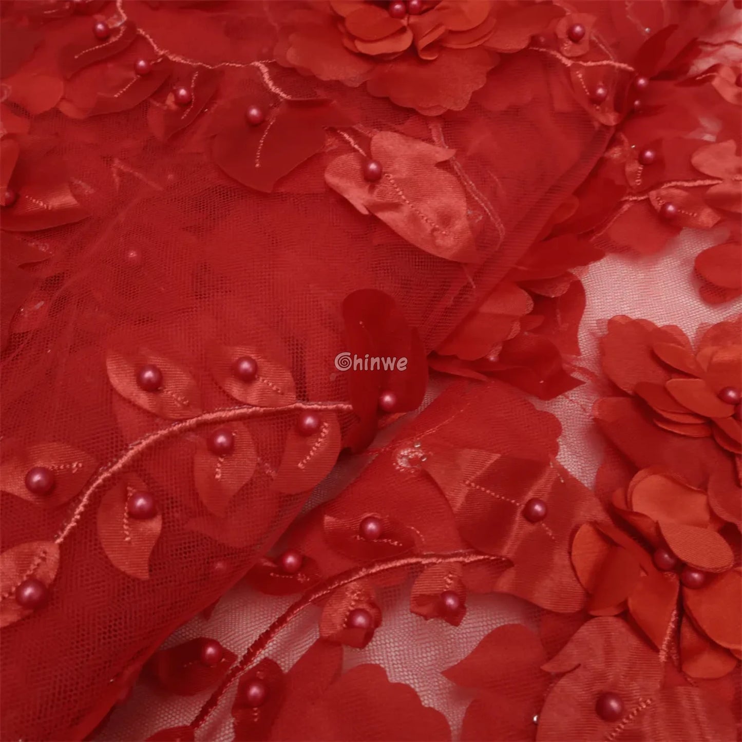 vory Blush Pink Peach & Scarlet Red 3D Floral Appliqué Mesh Lace with Beaded Embroidery