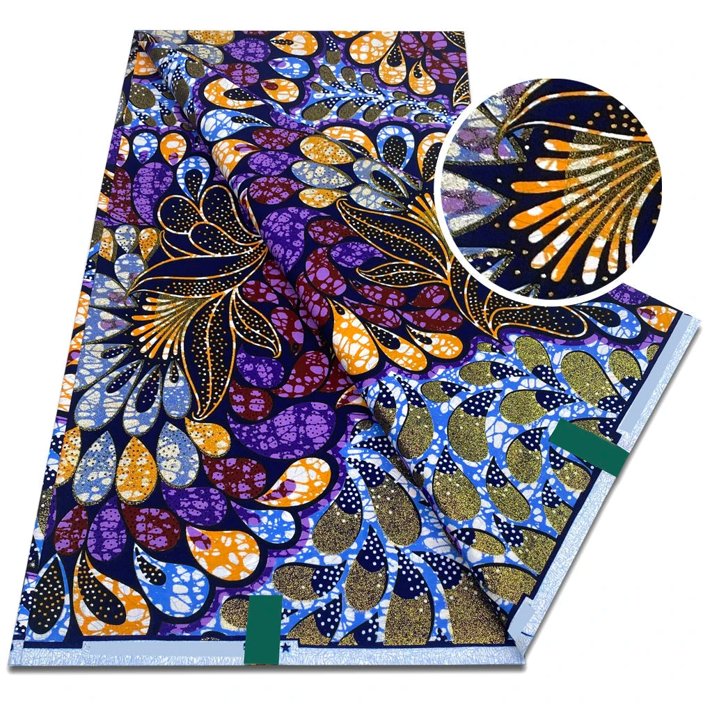 Purple Peacock Ankara Flash Gold Wax Print Fabric – Gold Feather Burst on Violet, 6 Yards