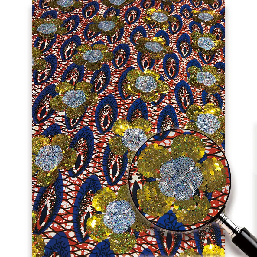 Coral & Navy Oval Sequin Wax Fabric – Gold & Silver Sequin Flowers, 100% Cotton, 6 Yards