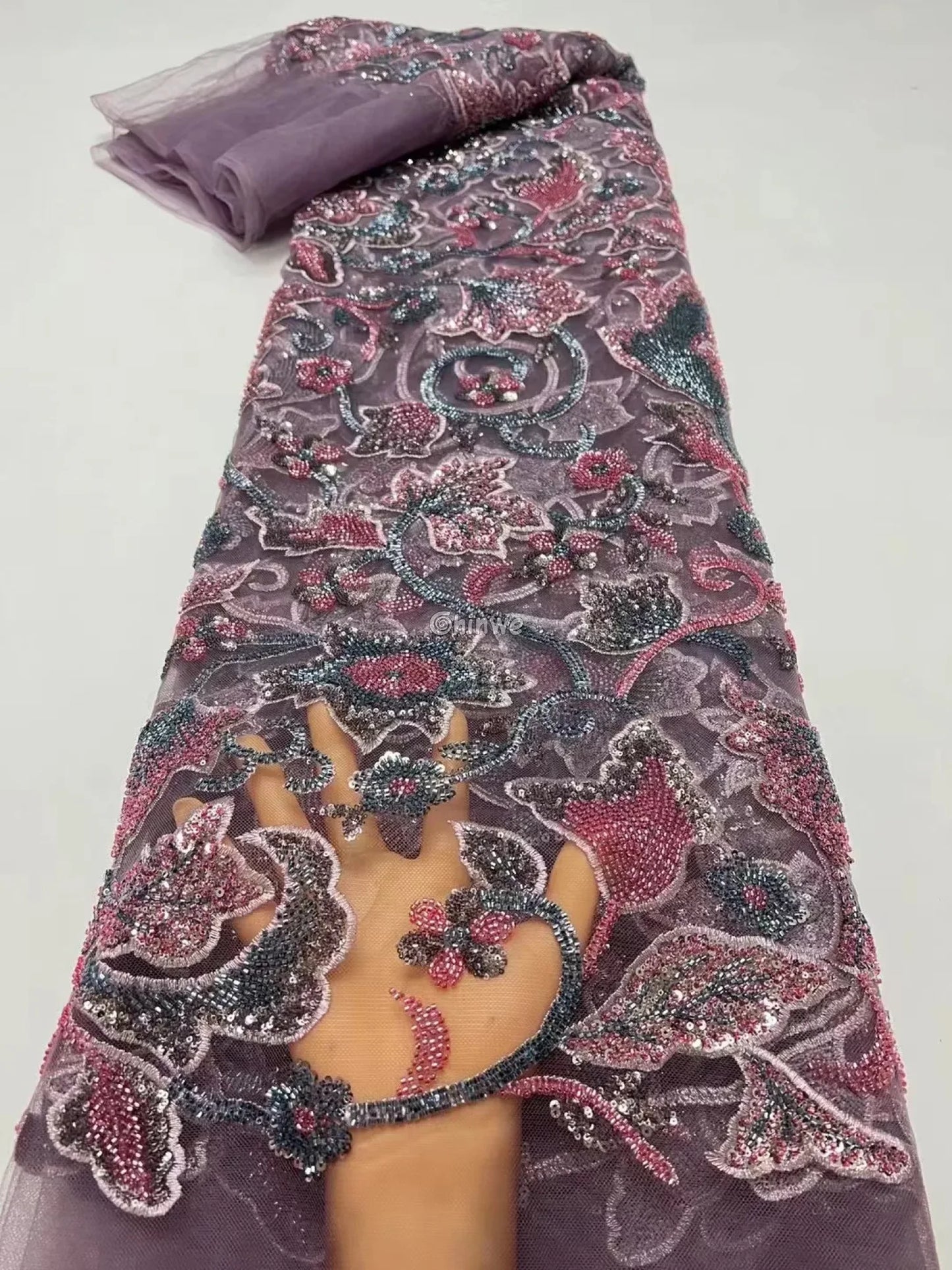 3D Floral Beaded Tulle Lace with Hand Embroidery & Sequins on Mesh Net Base Rosy Plum / 5yard Lace