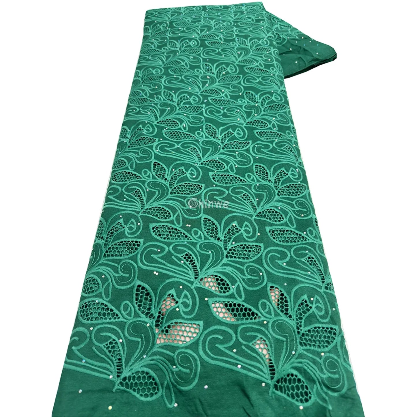 Embroidered Eyelet Lace Fabric with Swirling Leaf & Vine Motif and Crystal Sparkle Accents Emerald Glow / 5 Yards