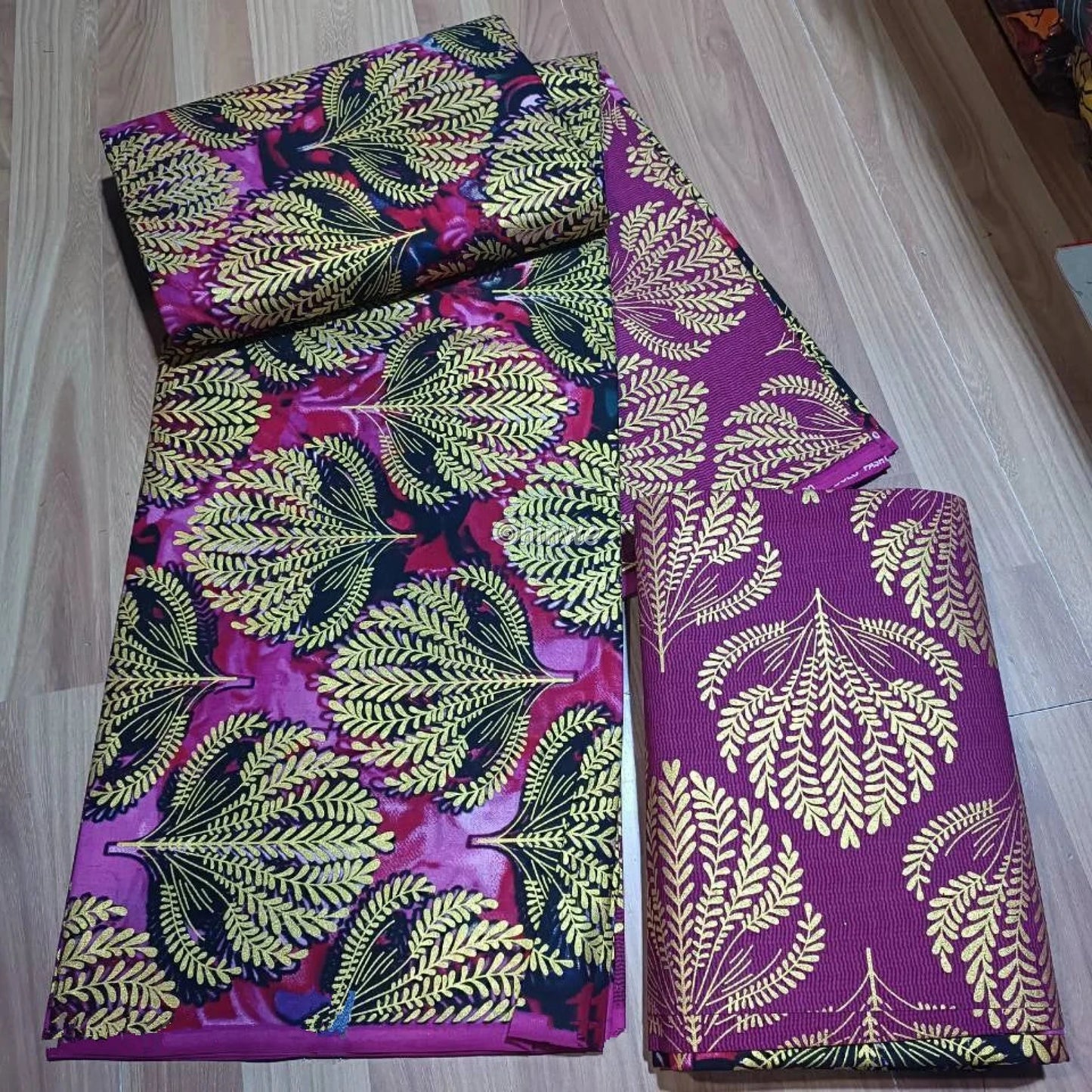 Royal Fern Metallic Brocade – Burgundy & Gold Embossed Leaf Pattern Fabric – Royal Fern / 6yards African Wax Print