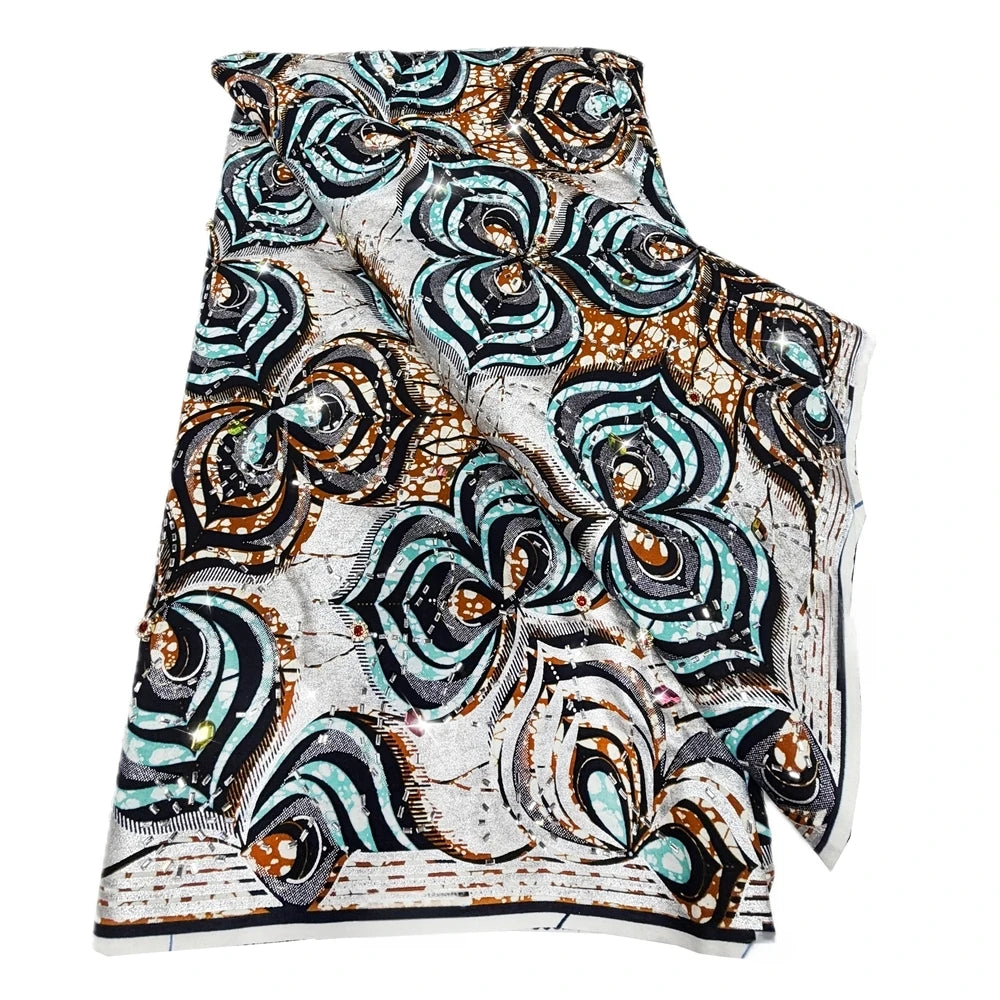 Aqua & Bronze Swirl Stoned Wax Print – Heavyweight Poplin with Stones, 6 Yards